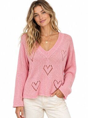 Wooden Ships Womens Heart Sweater Pink V-Neck Lightweight Knit Pullover Size X/S